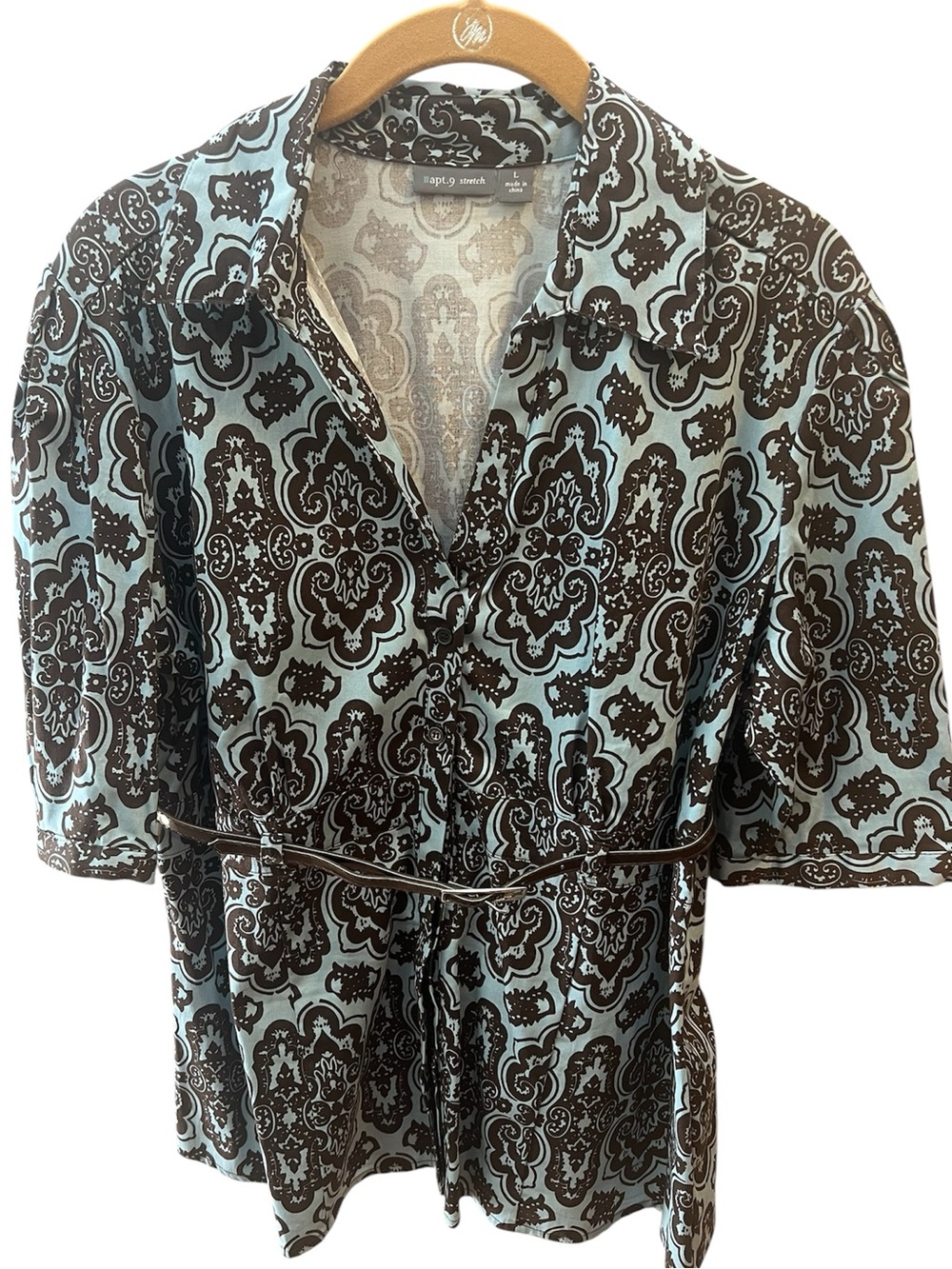 Apt. 9 Blue and Brown Patterned Cotton Top with a Brown Belt.  Size = L.  NWOT